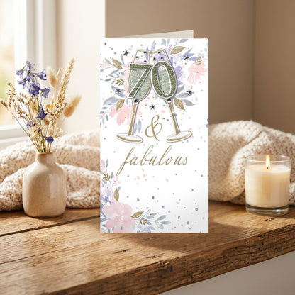 70th Birthday Card 70 & Fabulous Champagne Hand-Finished Embellished Gold Design
