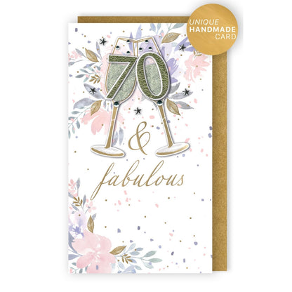 70th Birthday Card 70 & Fabulous Champagne Hand-Finished Embellished Gold Design