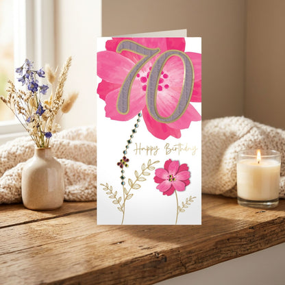70th Birthday Card For Her Champagne Hand-Finished Embellished Floral Design
