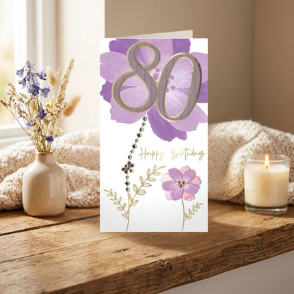 80th Birthday Card For Her Champagne Hand-Finished Embellished Floral Design