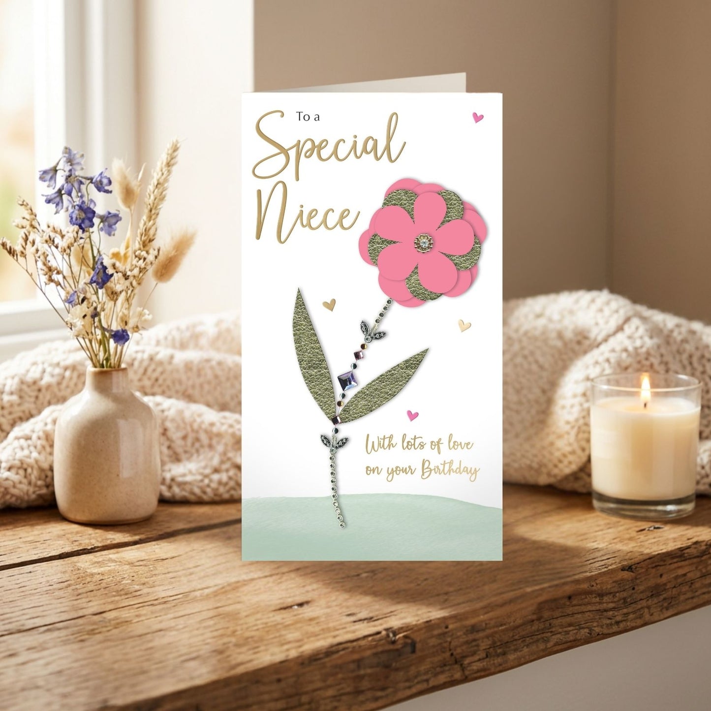 Niece Birthday Card Special  Champagne Hand-Finished Embellished Flower Design