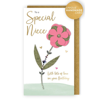 Niece Birthday Card Special  Champagne Hand-Finished Embellished Flower Design