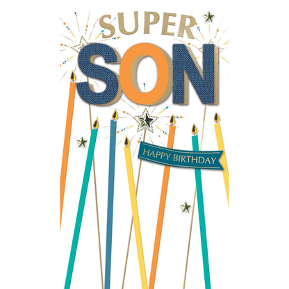 Son Birthday Card Super Champagne Hand-Finished Embellished Candle Design