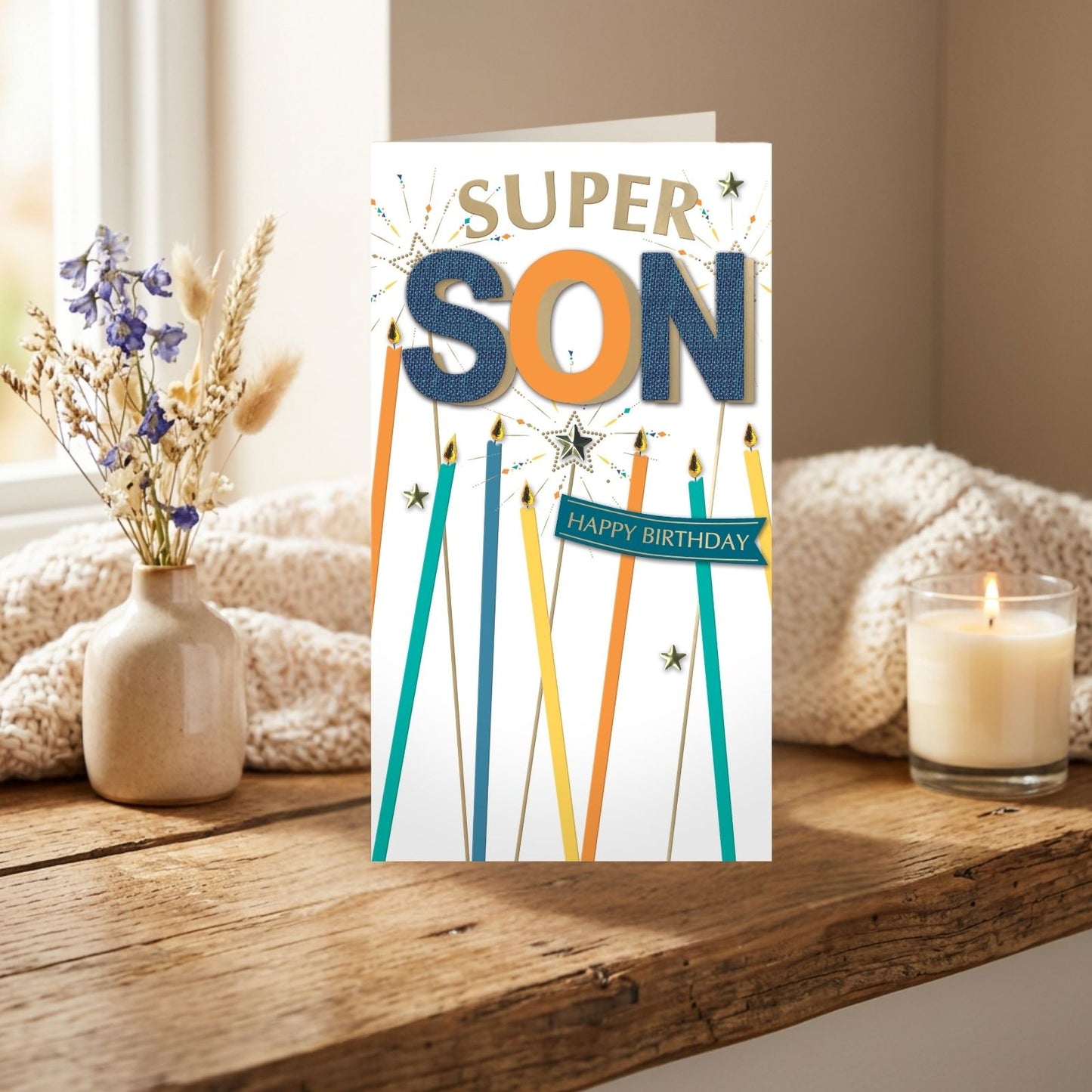 Son Birthday Card Super Champagne Hand-Finished Embellished Candle Design