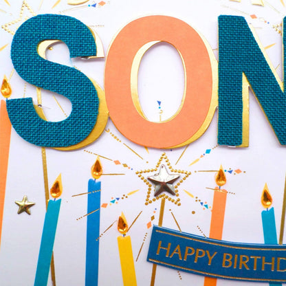 Son Birthday Card Super Champagne Hand-Finished Embellished Candle Design