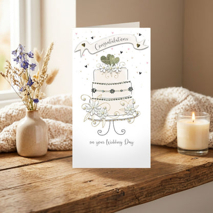 Wedding Day Card Congratulations Champagne Hand-Finished Embellished Cake Design