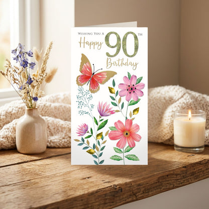 90th Birthday Card For Her Champagne Hand-Finished Embellished Butterfly Design