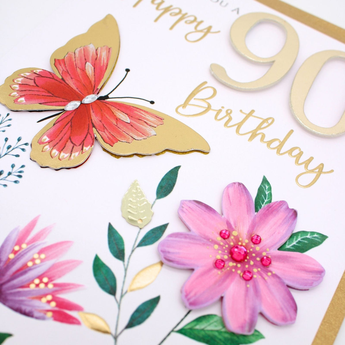 90th Birthday Card For Her Champagne Hand-Finished Embellished Butterfly Design