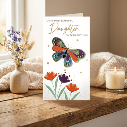 Daughter Birthday Card  Champagne Hand-Finished Embellished Butterfly Design