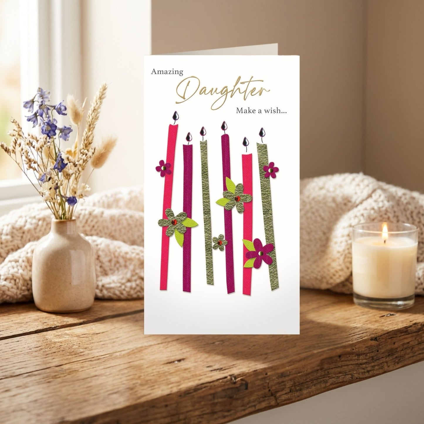 Daughter Birthday Card  Champagne Hand-Finished Embellished Make A Wish Design