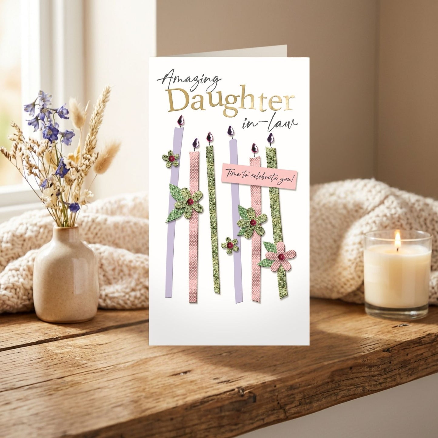 Daughter-In-Law Birthday Card  Champagne Hand-Finished Embellished Candle Design
