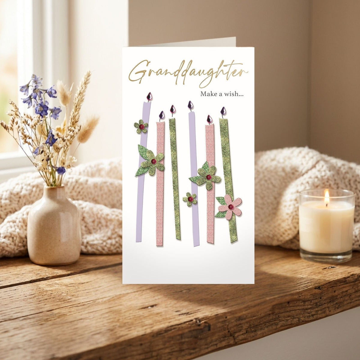 Granddaughter Birthday Card  Champagne Hand-Finished Embellished Candle Design