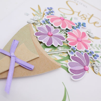 Sister Birthday Card Loving Champagne Hand-Finished Embellished Bouquet Design
