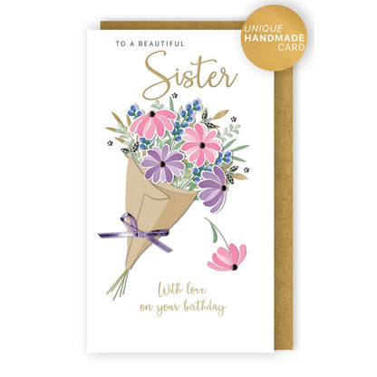 Sister Birthday Card Loving Champagne Hand-Finished Embellished Bouquet Design