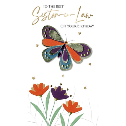Sister-In-Law Birthday Card Champagne Hand-Finished Embellished Butterfly Design