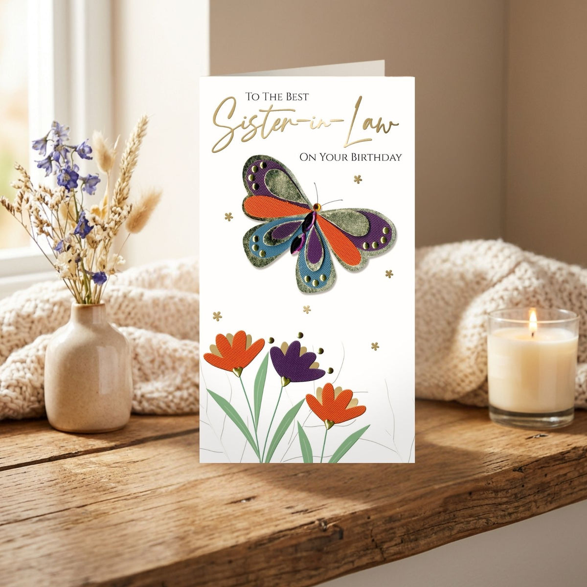 Sister-In-Law Birthday Card Champagne Hand-Finished Embellished Butterfly Design