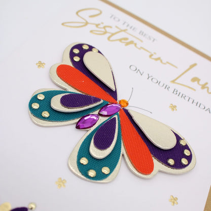 Sister-In-Law Birthday Card Champagne Hand-Finished Embellished Butterfly Design