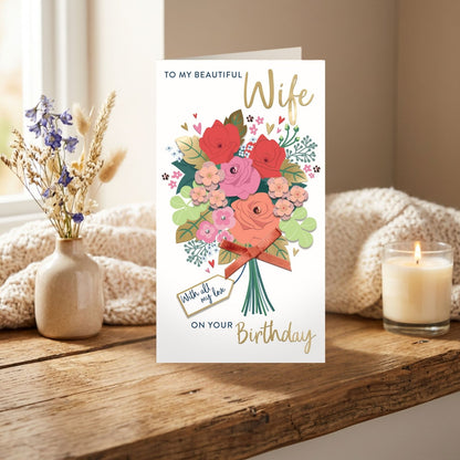 Wife Birthday Card Beautiful Champagne Hand-Finished Embellished Bouquet Design