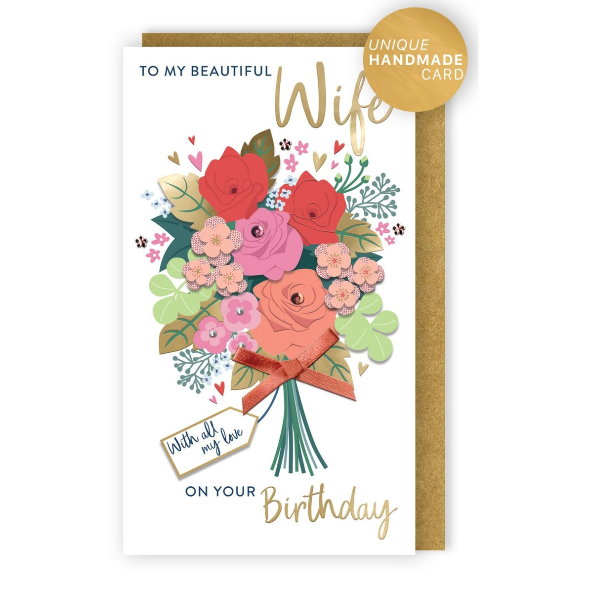 Wife Birthday Card Beautiful Champagne Hand-Finished Embellished Bouquet Design