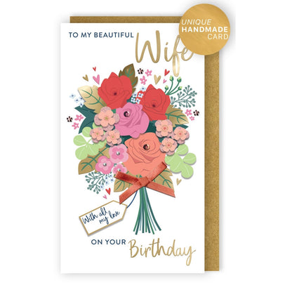Wife Birthday Card Beautiful Champagne Hand-Finished Embellished Bouquet Design