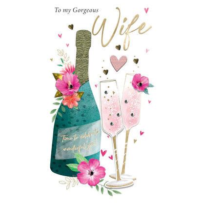 Wife Birthday Card Gorgeous Champagne Hand-Finished Embellished Flutes Design