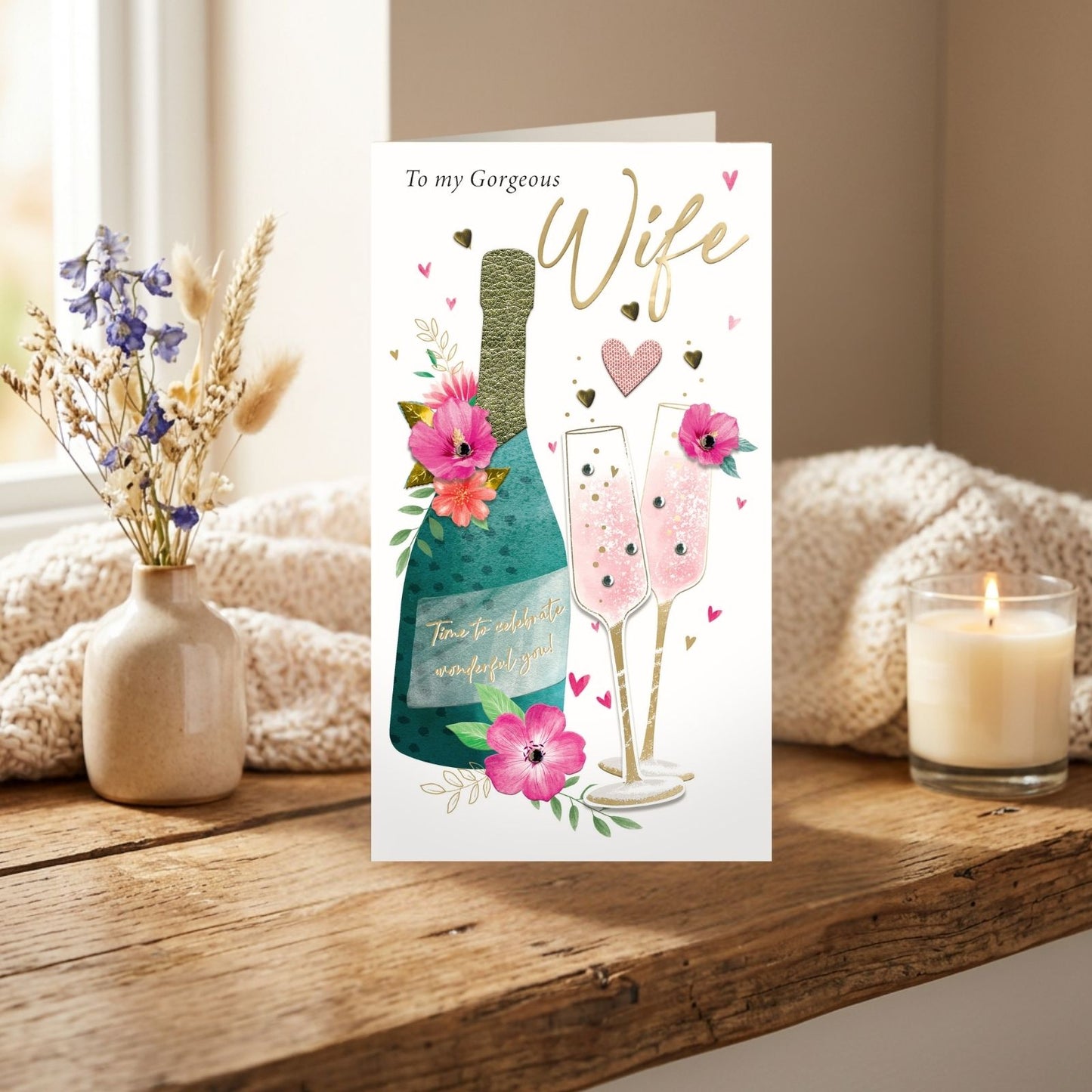 Wife Birthday Card Gorgeous Champagne Hand-Finished Embellished Flutes Design