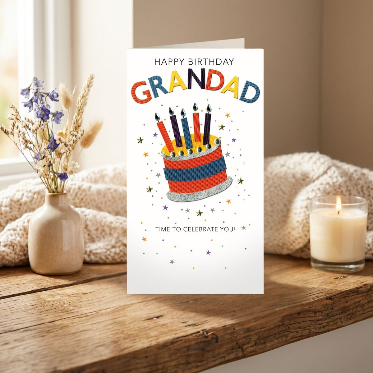 Grandad Birthday Card Colourful Champagne Hand-Finished Embellished Cake Design