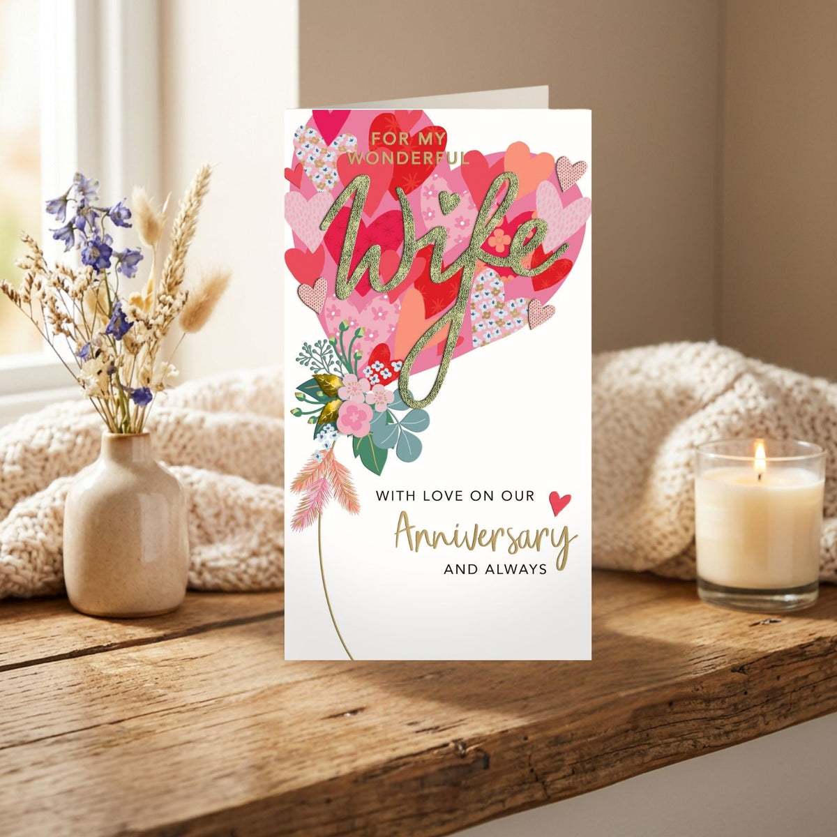Wife Anniversary Card Loving Champagne Hand-Finished Embellished Bouquet Design