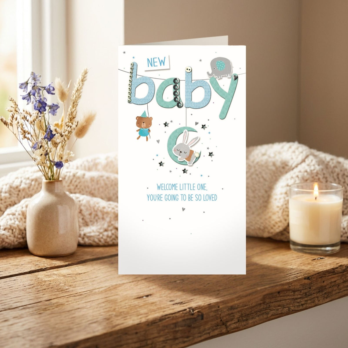 New Baby Card For Baby Boy Champagne Hand-Finished Embellished Baby Blue Design