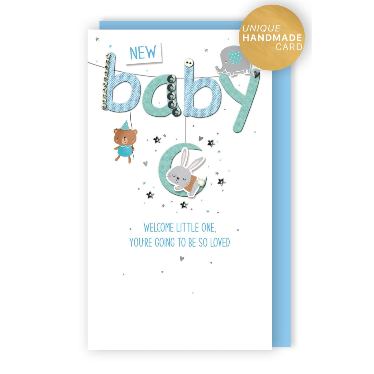 New Baby Card For Baby Boy Champagne Hand-Finished Embellished Baby Blue Design