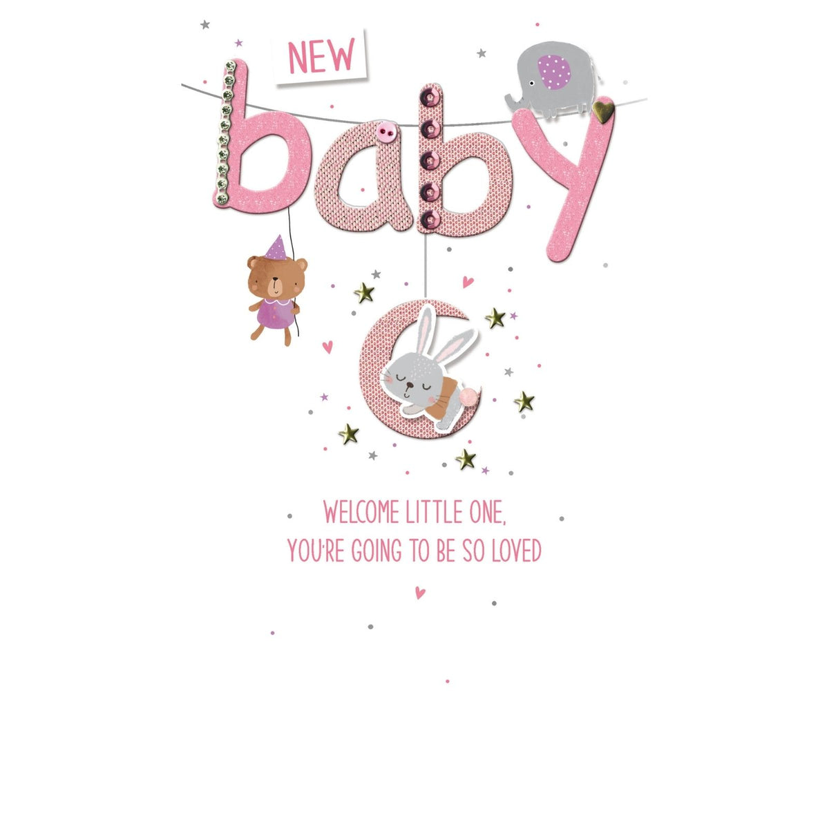 New Baby Card For Baby Girl Champagne Hand-Finished Embellished Baby Pink Design
