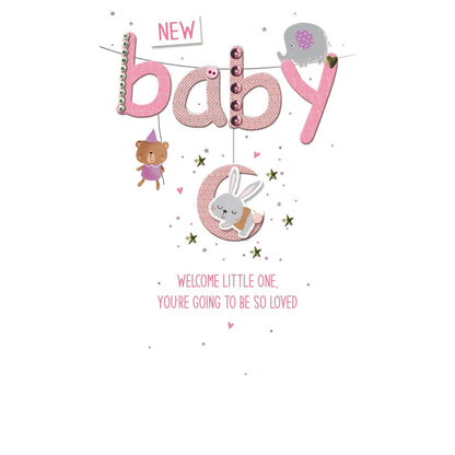 New Baby Card For Baby Girl Champagne Hand-Finished Embellished Baby Pink Design