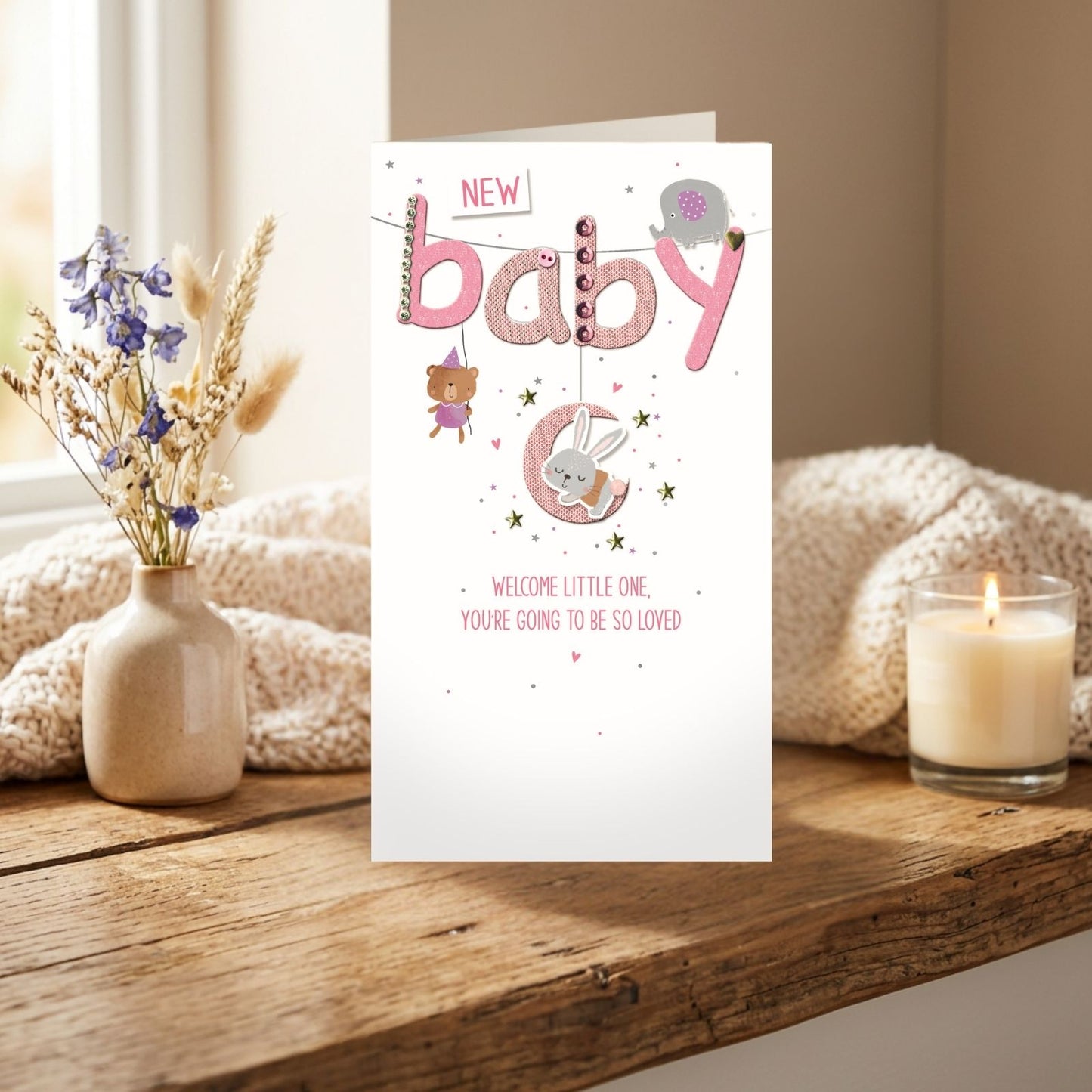 New Baby Card For Baby Girl Champagne Hand-Finished Embellished Baby Pink Design