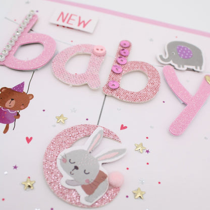 New Baby Card For Baby Girl Champagne Hand-Finished Embellished Baby Pink Design