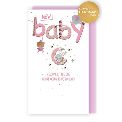 New Baby Card For Baby Girl Champagne Hand-Finished Embellished Baby Pink Design