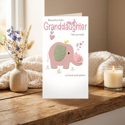 New Baby Grandaughter Card Champagne Hand-Finished Embellished Elephant Design
