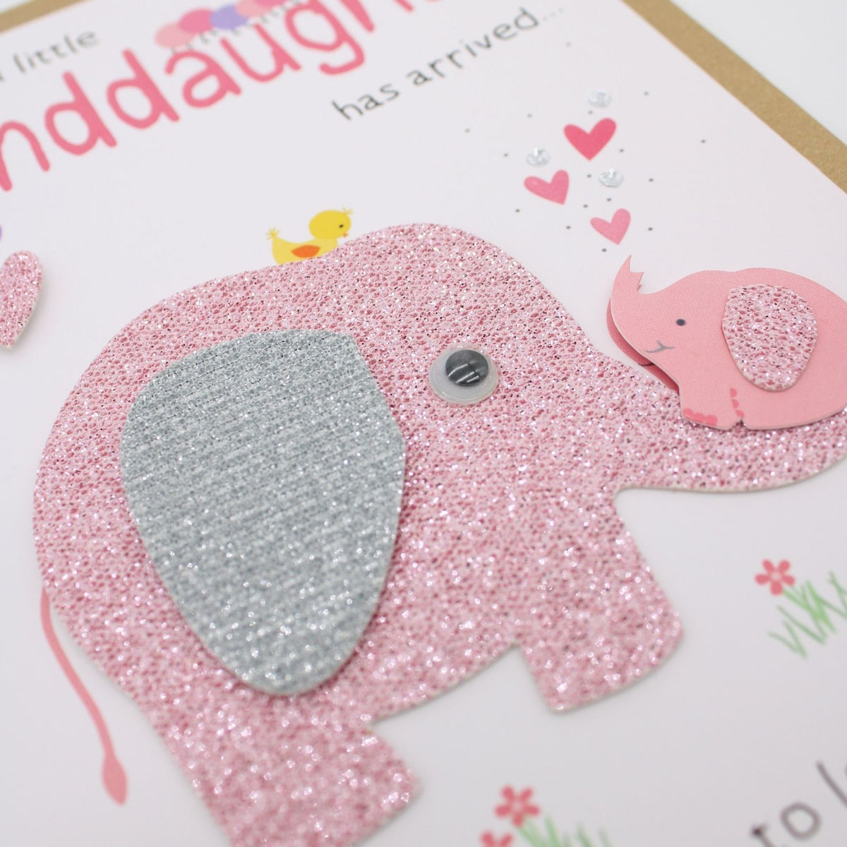New Baby Grandaughter Card Champagne Hand-Finished Embellished Elephant Design