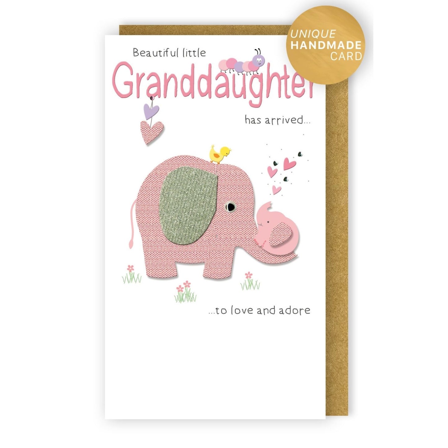 New Baby Grandaughter Card Champagne Hand-Finished Embellished Elephant Design