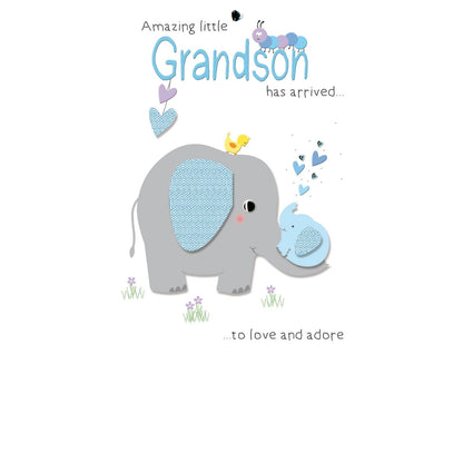 New Baby Grandson Card Champagne Hand-Finished Embellished Elephant Design