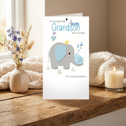 New Baby Grandson Card Champagne Hand-Finished Embellished Elephant Design