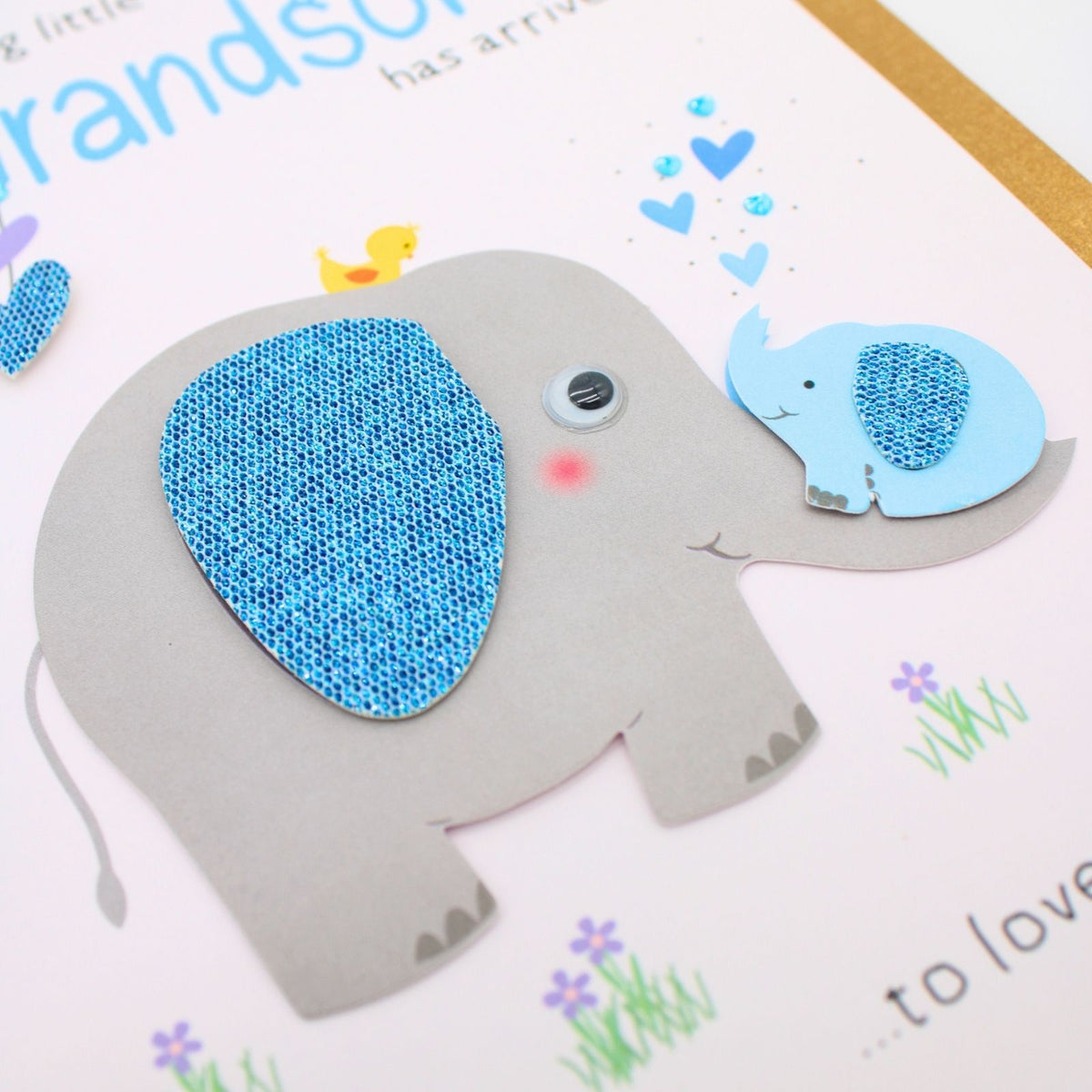 New Baby Grandson Card Champagne Hand-Finished Embellished Elephant Design
