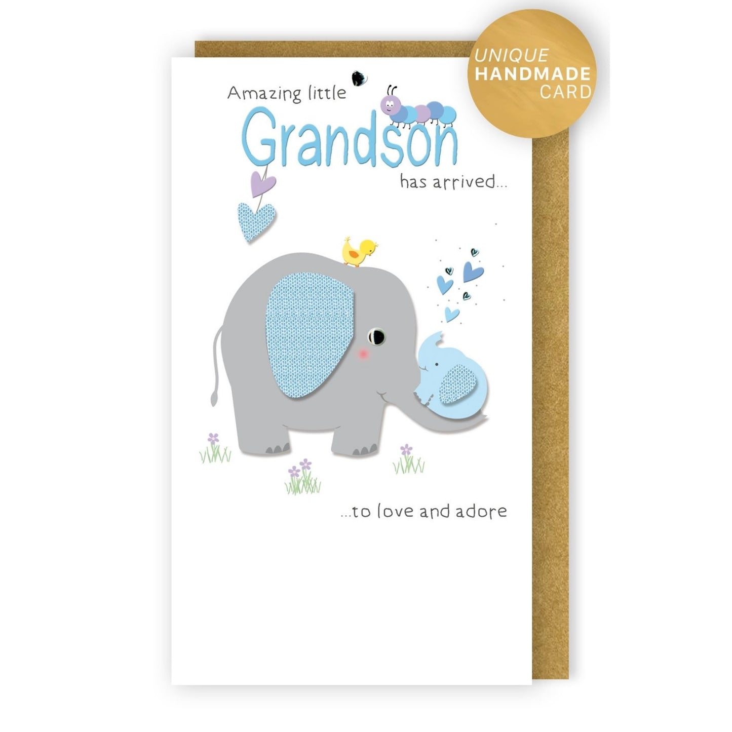 New Baby Grandson Card Champagne Hand-Finished Embellished Elephant Design