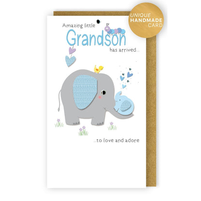 New Baby Grandson Card Champagne Hand-Finished Embellished Elephant Design