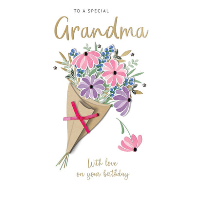Grandma Birthday Card Special Champagne Hand-Finished Embellished Bouquet Design