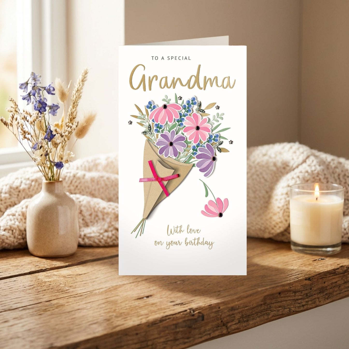Grandma Birthday Card Special Champagne Hand-Finished Embellished Bouquet Design