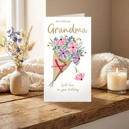 Grandma Birthday Card Special Champagne Hand-Finished Embellished Bouquet Design