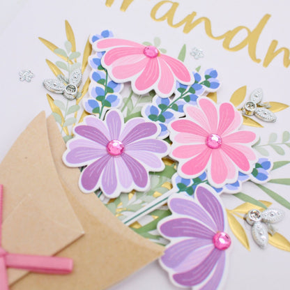 Grandma Birthday Card Special Champagne Hand-Finished Embellished Bouquet Design