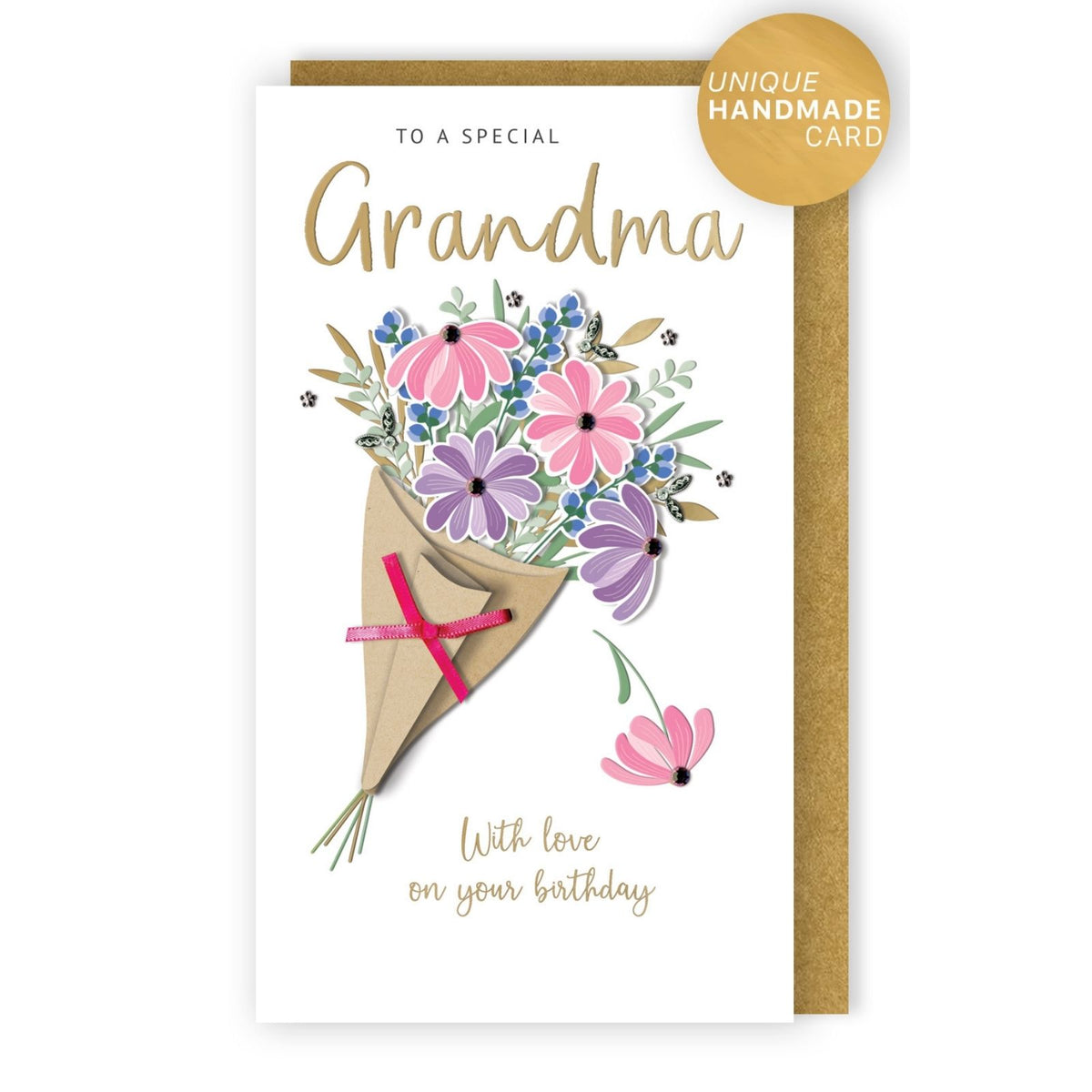Grandma Birthday Card Special Champagne Hand-Finished Embellished Bouquet Design