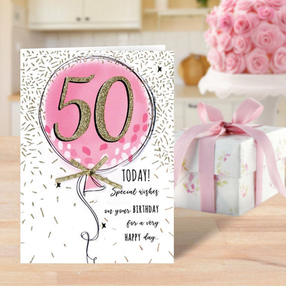 Female 50th Pink Balloon Birthday Greeting Card