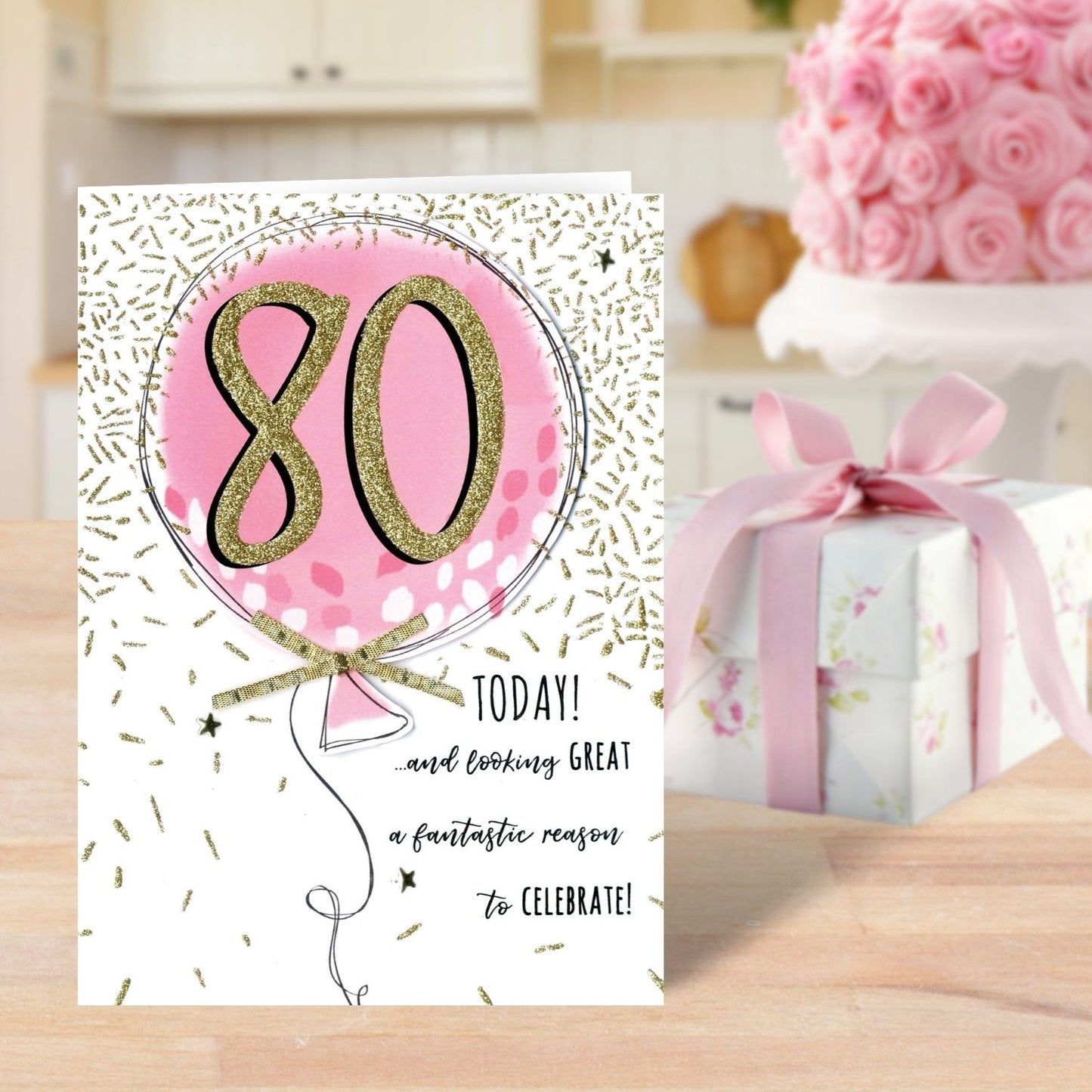 Female 80th Pink Balloon Birthday Greeting Card
